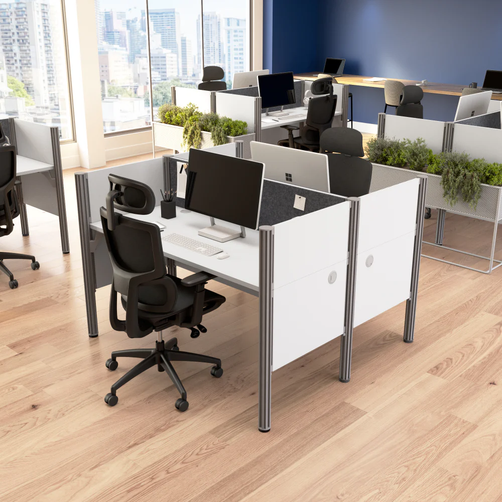 ProBiz 2 Person Office Cubicle Desk with Low Privacy Panels and Tackboard - Image 2