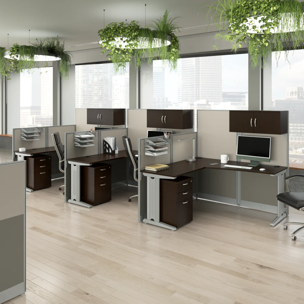 Office in an Hour 3 Person L Shaped Cubicle Desks with Storage, Drawers, and Organizers - Image 2
