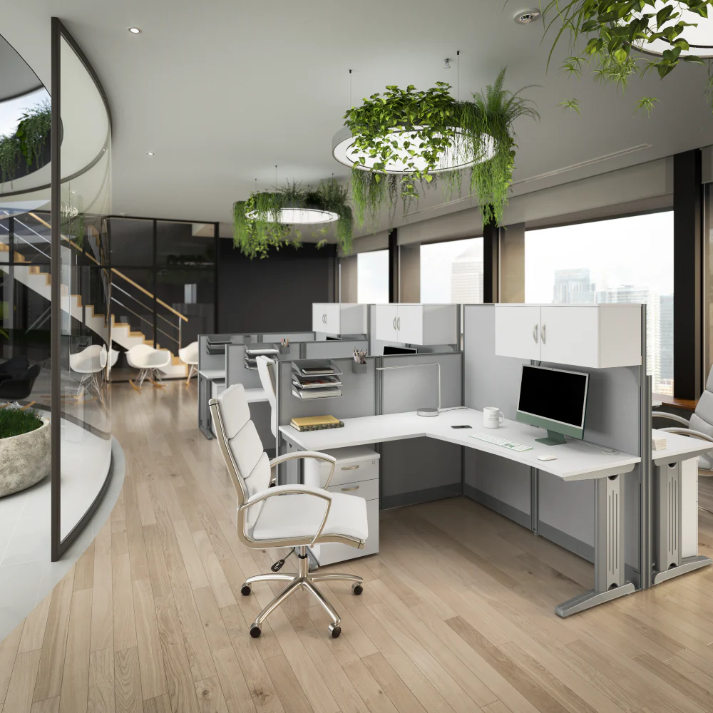 Office in an Hour 3 Person L Shaped Cubicle Desks with Storage, Drawers, and Organizers - Image 23