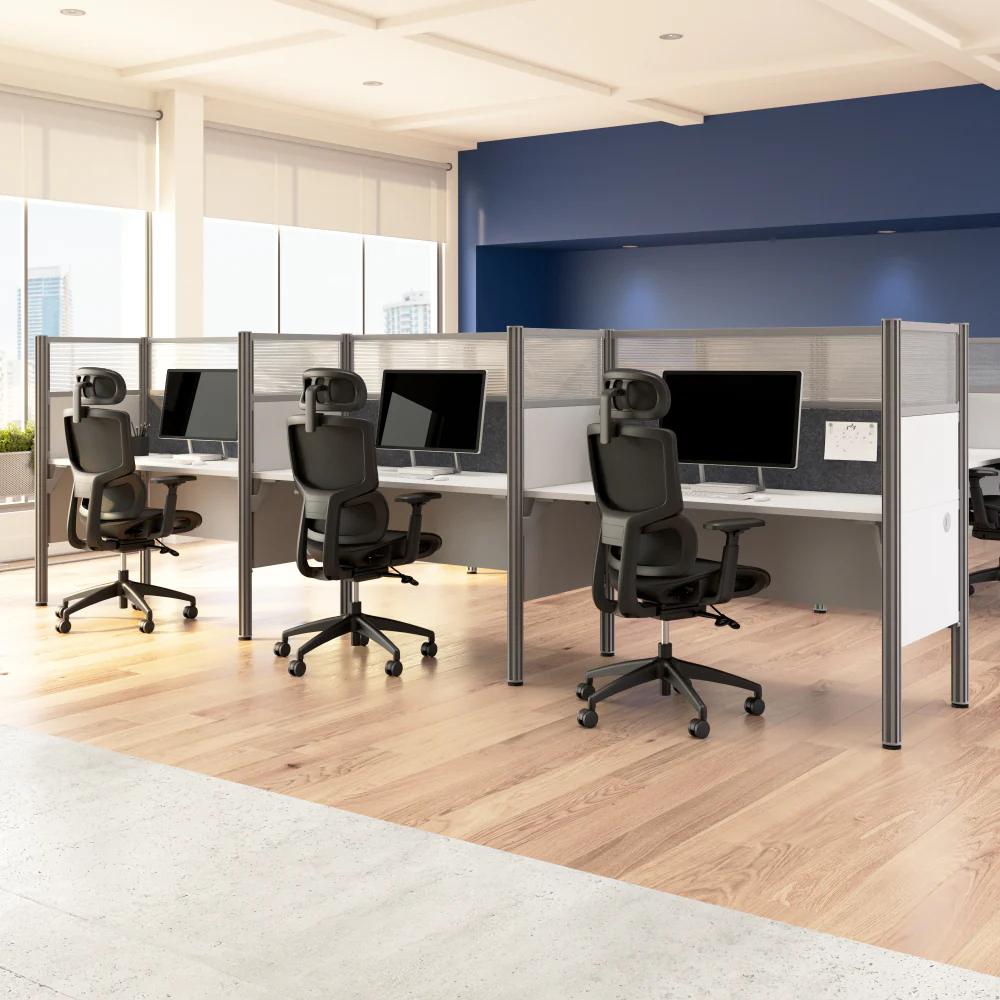 ProBiz 3 Person Office Cubicle Desk with High Privacy Panels and Tackboard - Image 2