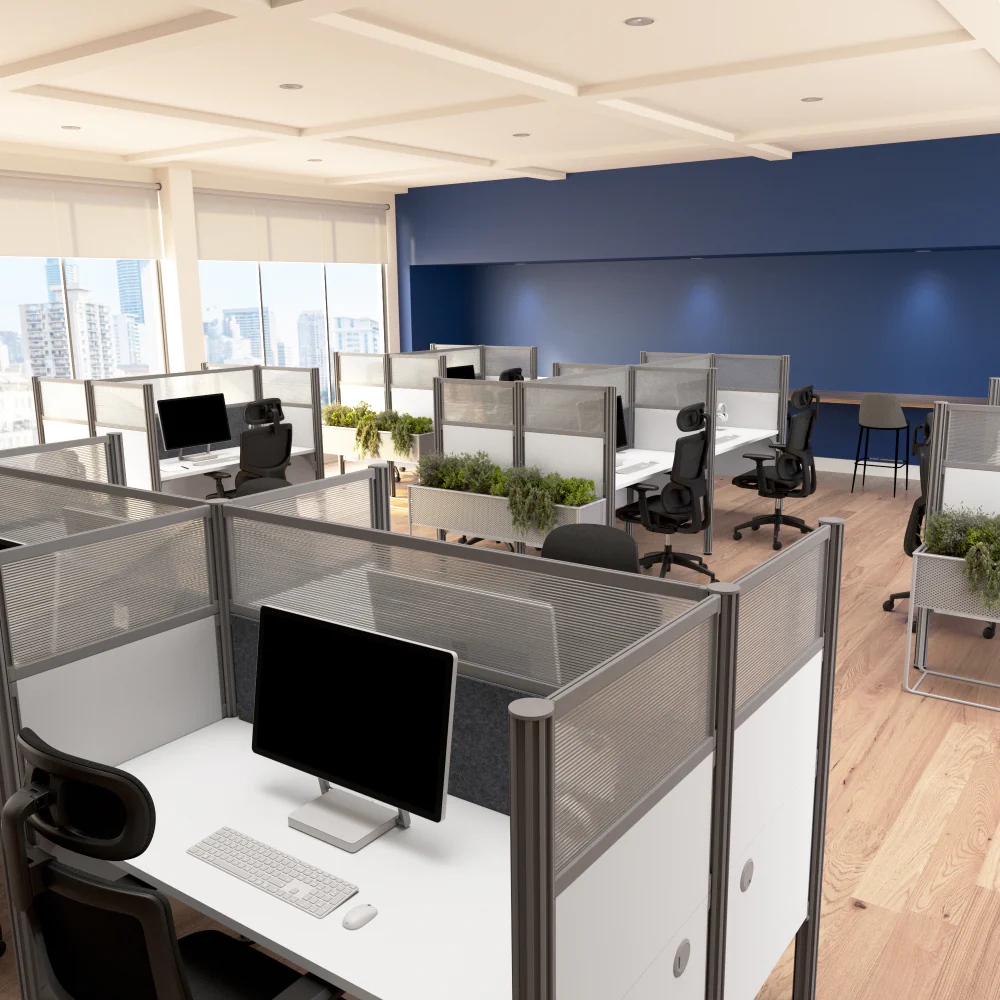 ProBiz 3 Person Office Cubicle Desk with High Privacy Panels and Tackboard - Image 3