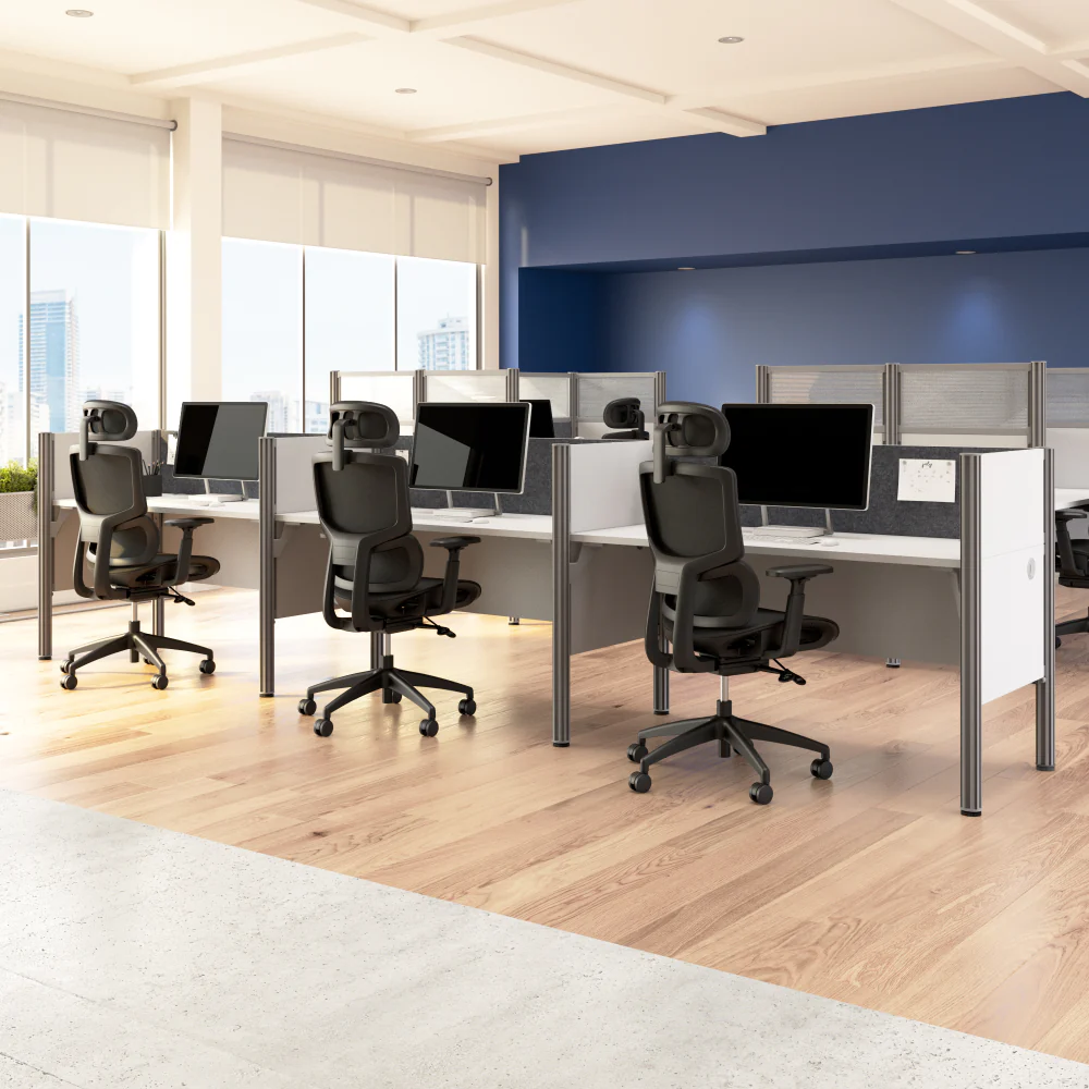 ProBiz 3 Person Office Cubicle Desk with Low Privacy Panels and Tackboard - Image 2