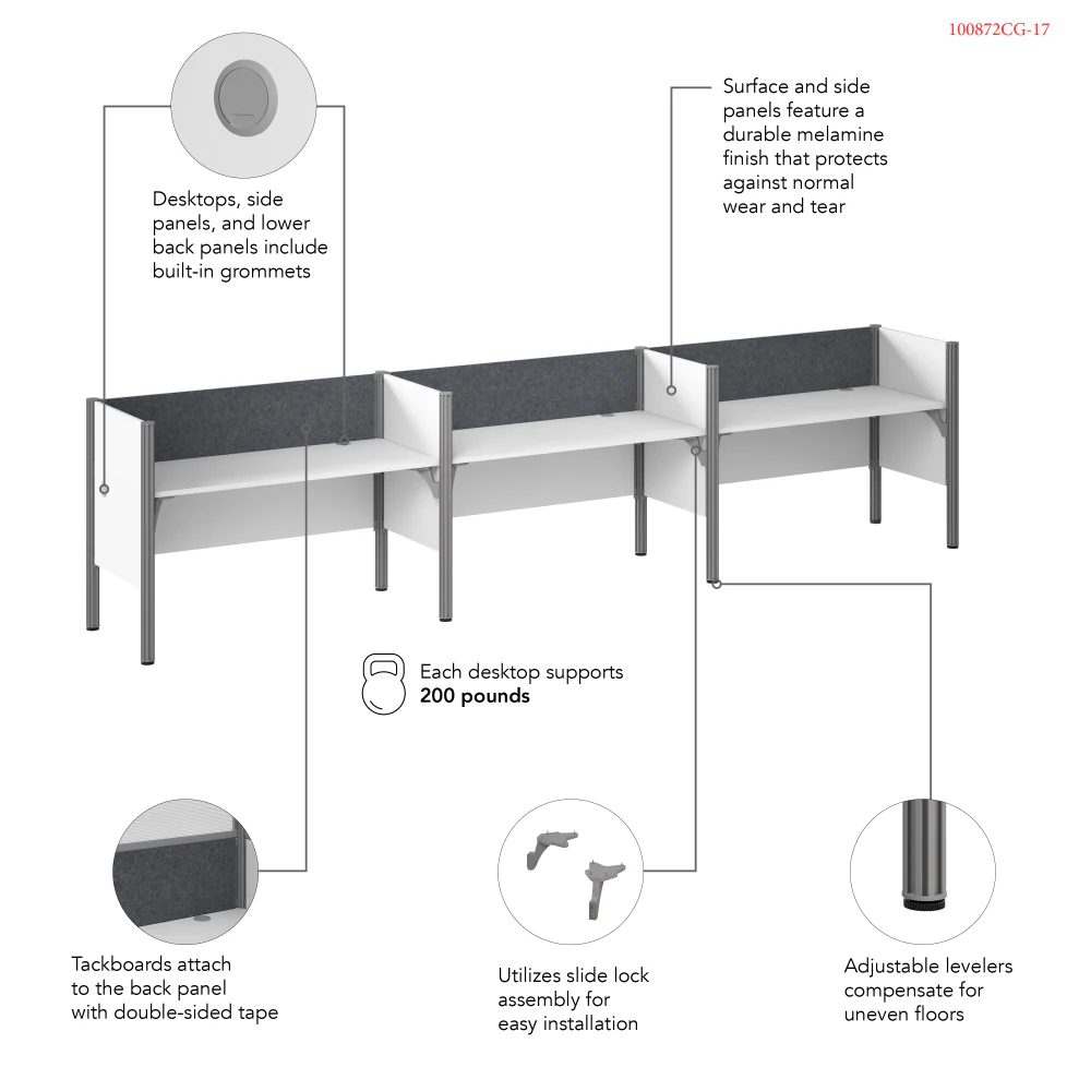 ProBiz 3 Person Office Cubicle Desk with Low Privacy Panels and Tackboard - Image 6