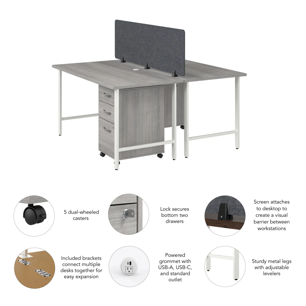 Hustle 2 Person Computer Desk with Mobile File Cabinets, Power Grommets, and Privacy Screen - Image 12