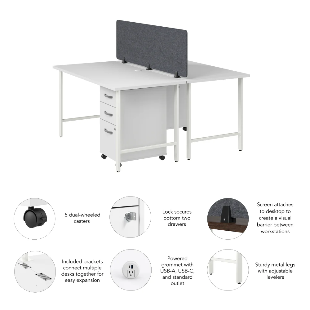 Hustle 2 Person Computer Desk with Mobile File Cabinets, Power Grommets, and Privacy Screen - Image 18