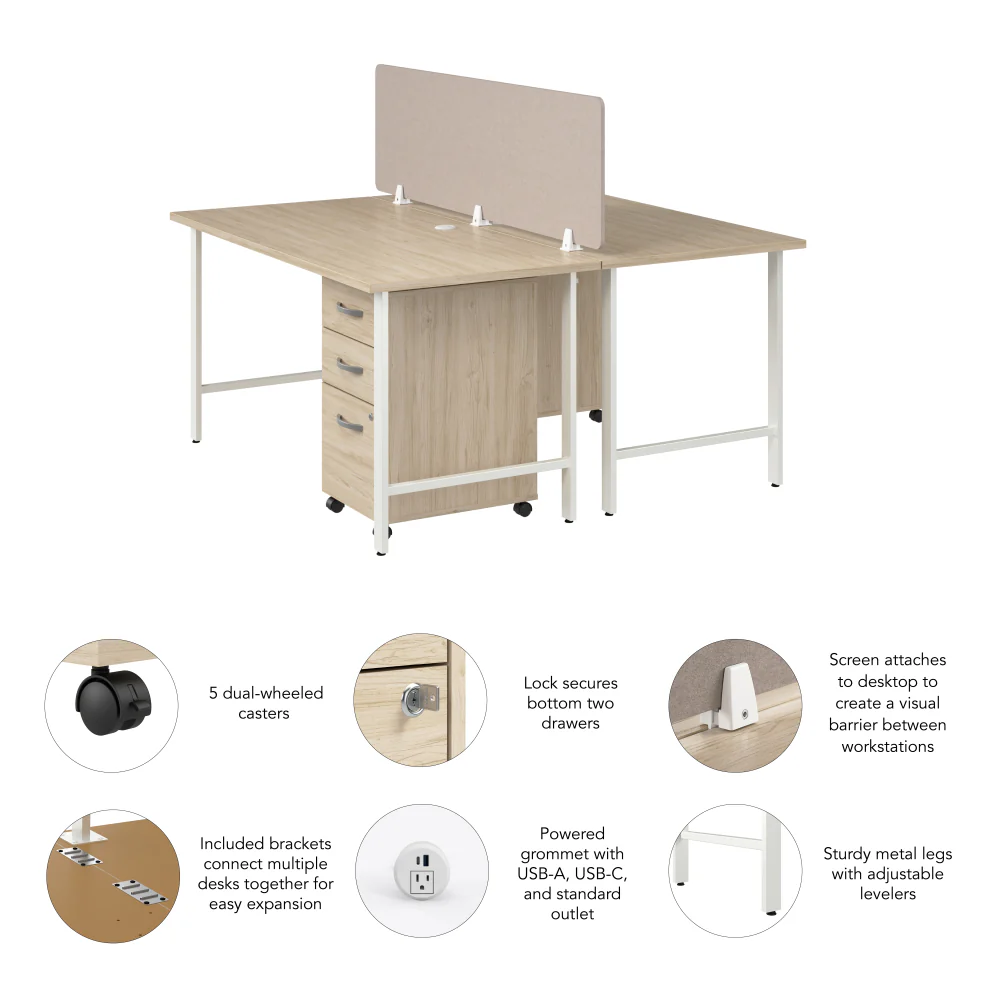 Hustle 2 Person Computer Desk with Mobile File Cabinets, Power Grommets, and Privacy Screen - Image 6