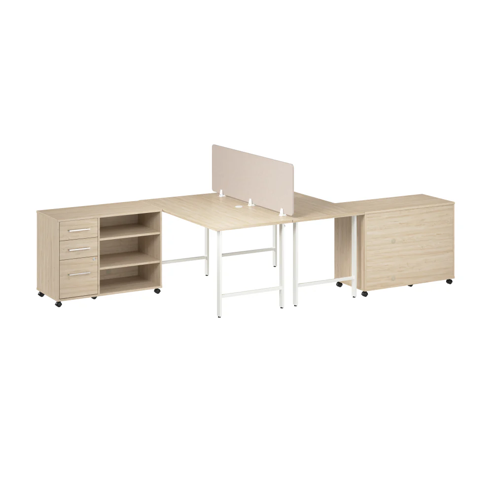 Hustle 2 Person Computer Desk with Mobile Storage Cabinets, Power Grommets, and Privacy Screen