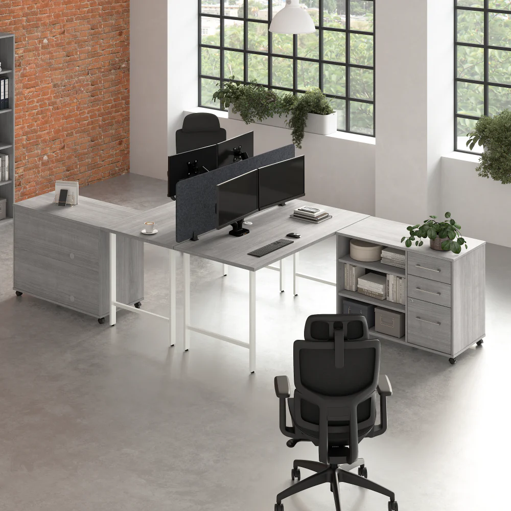 Hustle 2 Person Computer Desk with Mobile Storage Cabinets, Power Grommets, and Privacy Screen - Image 14