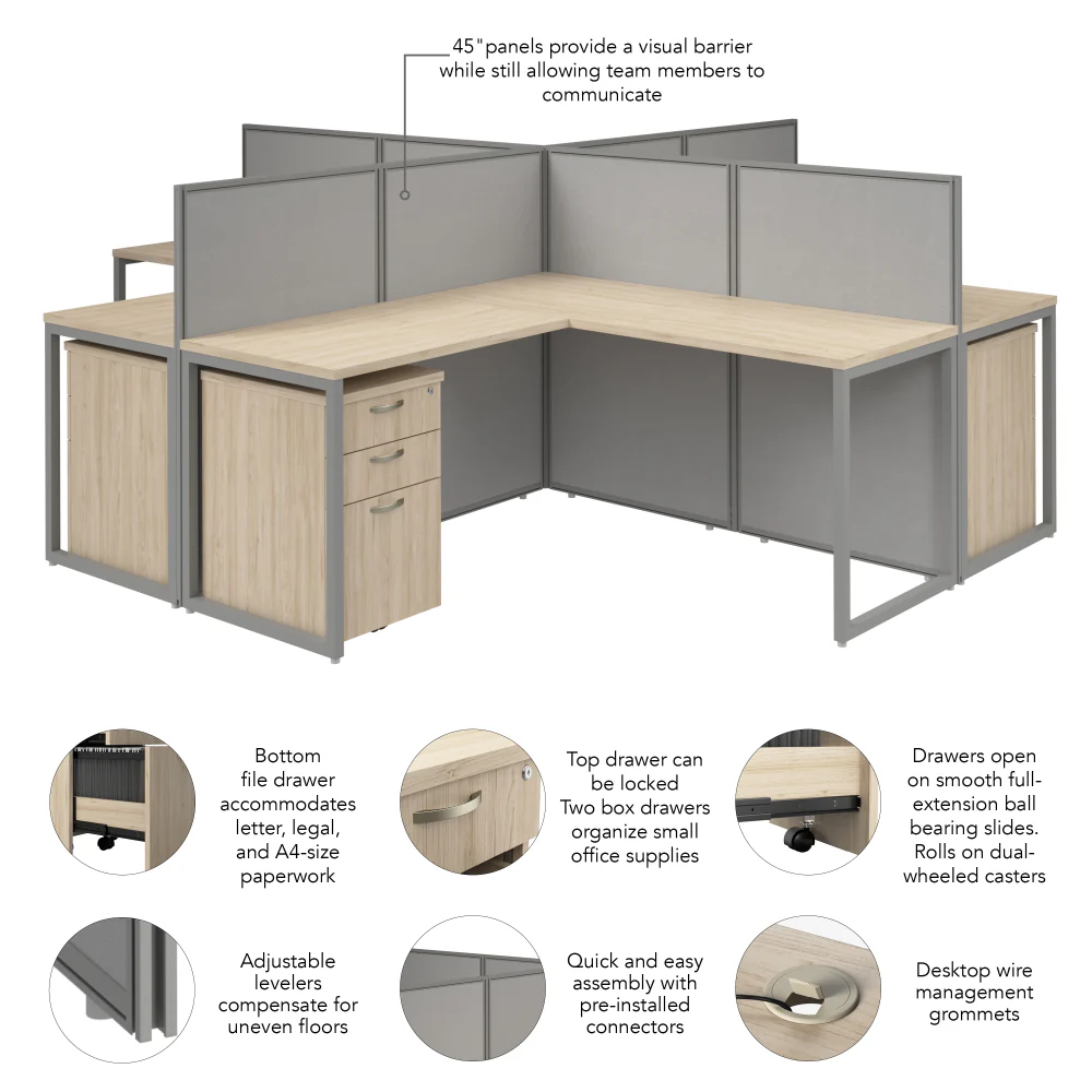 Easy Office 60W 4 Person L Shaped Cubicle Desk with Drawers and 45H Panels - Image 18