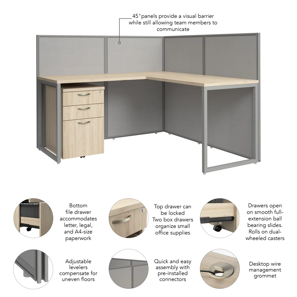 Easy Office 60W L Shaped Cubicle Desk with File Cabinet and 45H Panels - Image 20