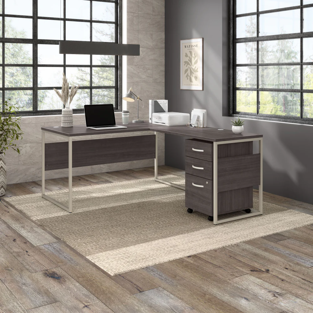 Hybrid 60W x 30D L Shaped Table Desk with Mobile File Cabinet - Image 15