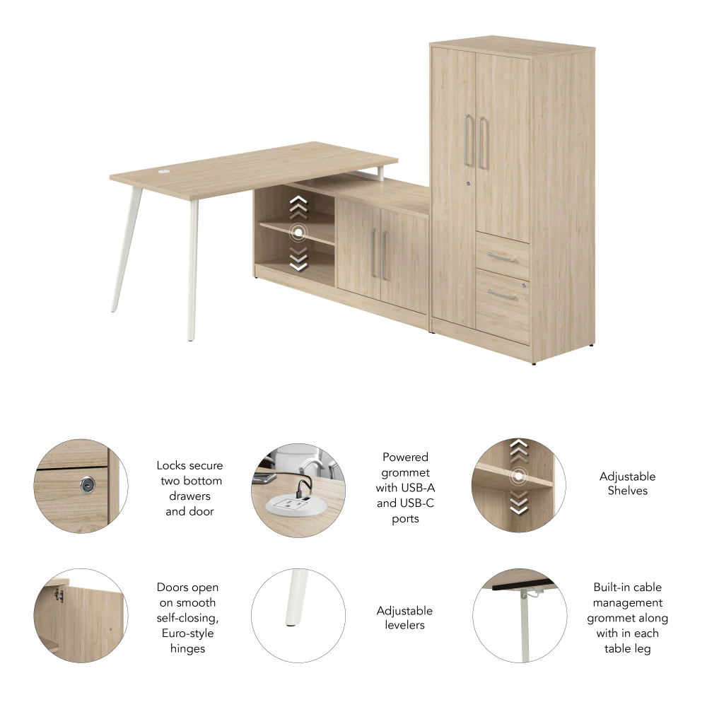 Vista 60W L Shaped Desk with Metal Legs, Low Storage Cabinet, and Wardrobe - Image 12