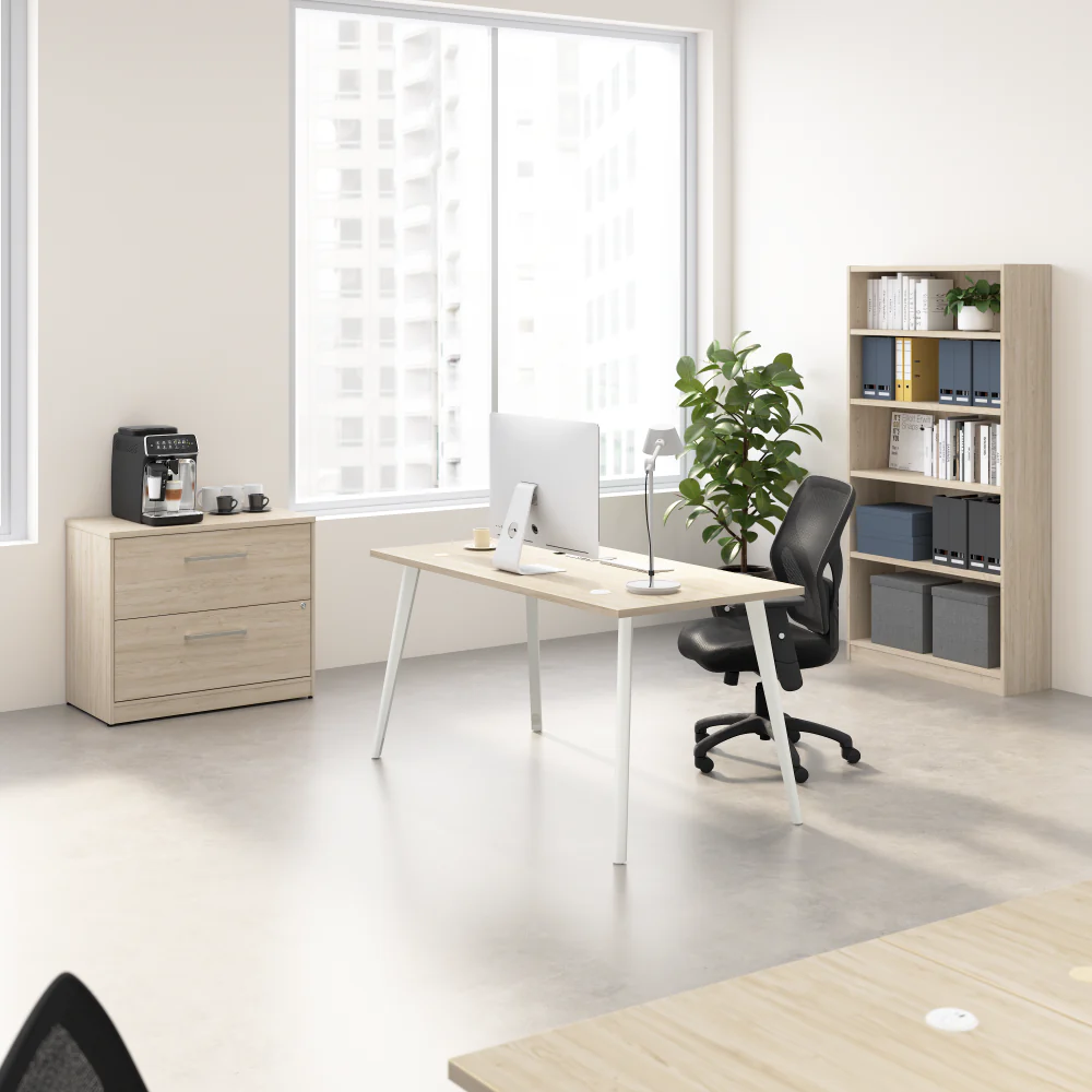 Vista 60W Desk with Splayed Metal Legs, Lateral File Cabinet, and Bookcase - Image 5