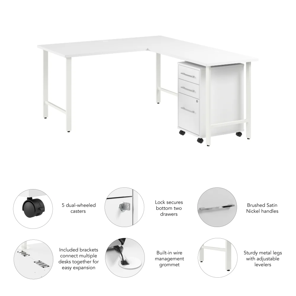 Hustle 60W x 30D L Shaped Computer Desk with 3 Drawer Mobile File Cabinet - Image 4
