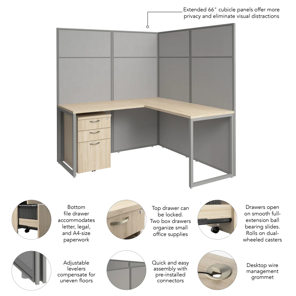 Easy Office 60W L Shaped Cubicle Desk with File Cabinet and 66H Panels - Image 20