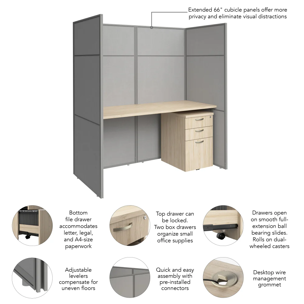 Easy Office 60W Cubicle Desk with File Cabinet and 66H Closed Panels Workstation - Image 12