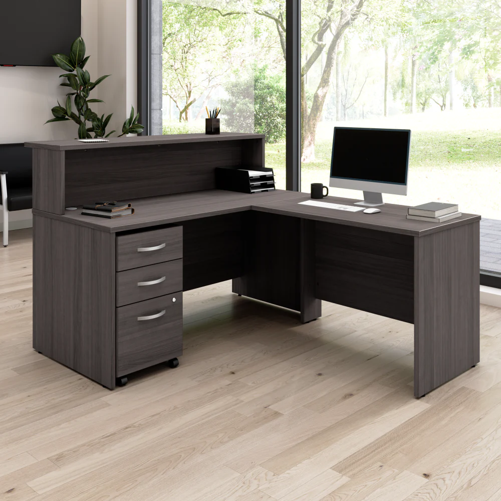 Arrive 60W x 72D L Shaped Reception Desk with Shelf and Mobile File Cabinet - Image 10