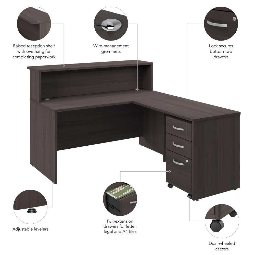Arrive 60W x 72D L Shaped Reception Desk with Shelf and Mobile File Cabinet - Image 16