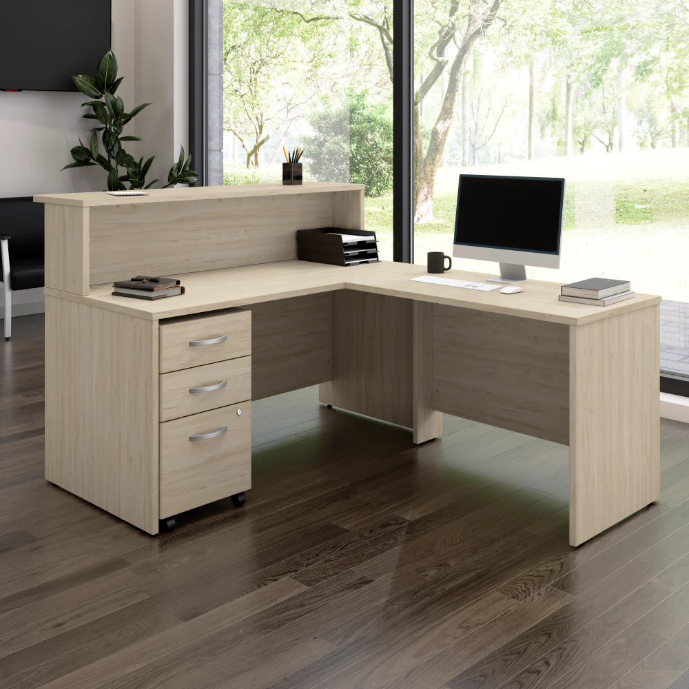 Arrive 60W x 72D L Shaped Reception Desk with Shelf and Mobile File Cabinet - Image 18