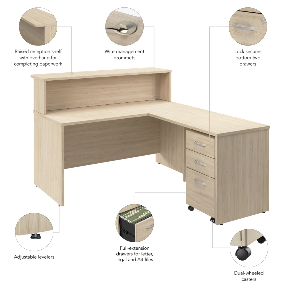 Arrive 60W x 72D L Shaped Reception Desk with Shelf and Mobile File Cabinet - Image 24