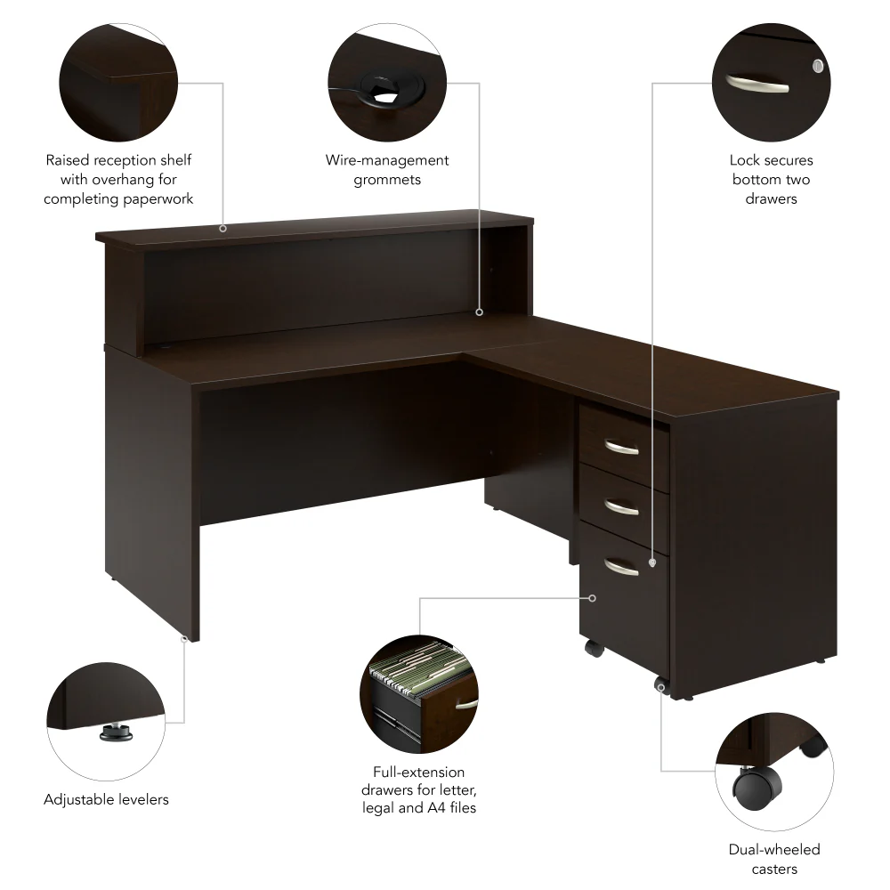 Arrive 60W x 72D L Shaped Reception Desk with Shelf and Mobile File Cabinet - Image 8