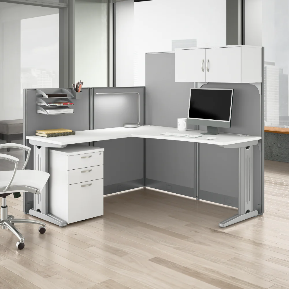 Office in an Hour 65W L Shaped Cubicle Desk with Storage, Drawers, and Organizers - Image 9