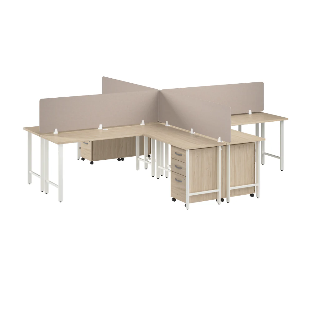 Hustle 4 Person L Shaped Desk with Mobile File Cabinets, Power Grommets, and Privacy Screens