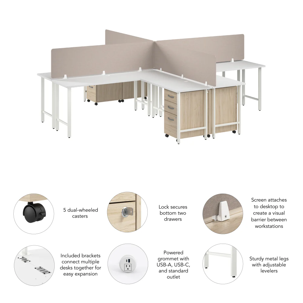 Hustle 4 Person L Shaped Desk with Mobile File Cabinets, Power Grommets, and Privacy Screens - Image 18
