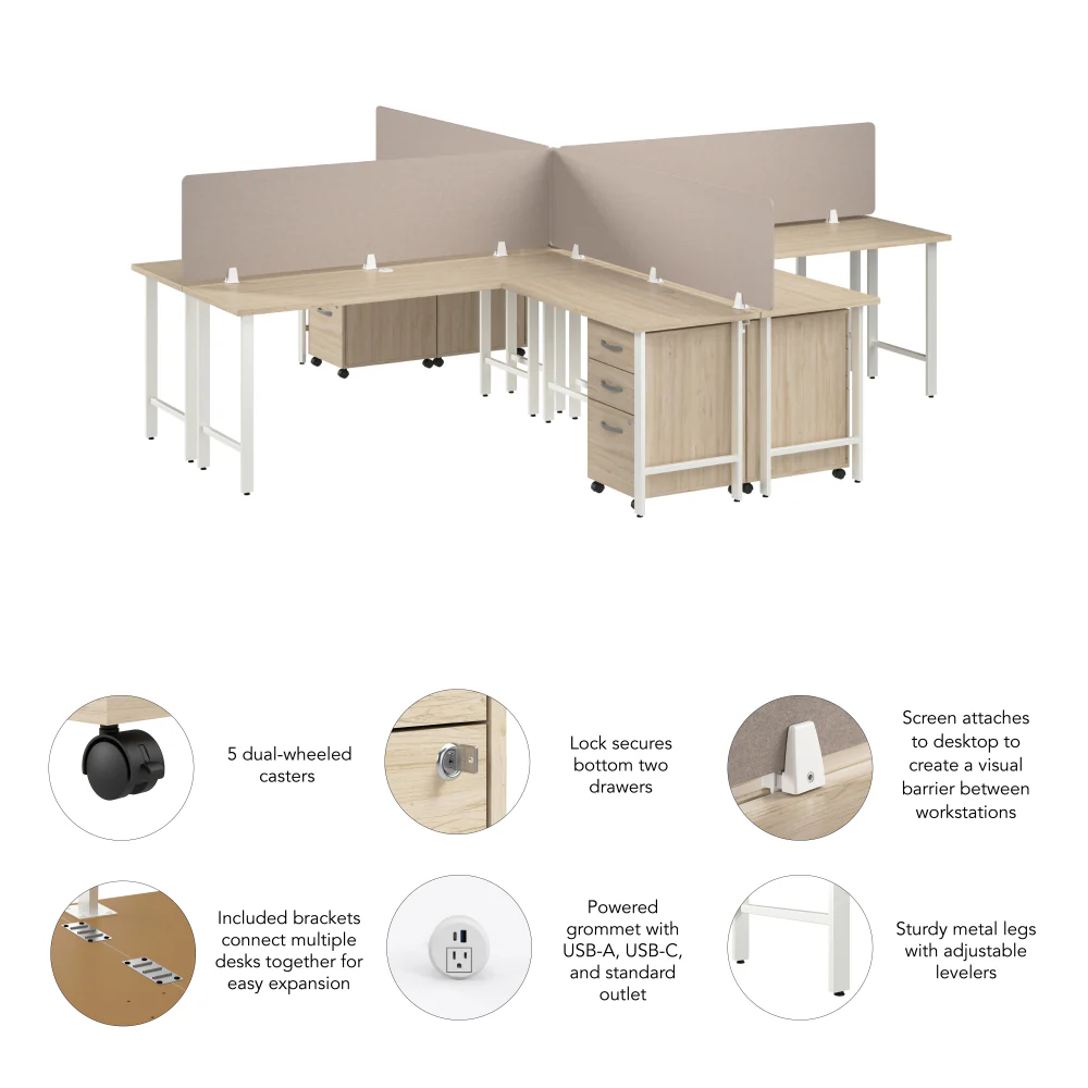 Hustle 4 Person L Shaped Desk with Mobile File Cabinets, Power Grommets, and Privacy Screens - Image 6