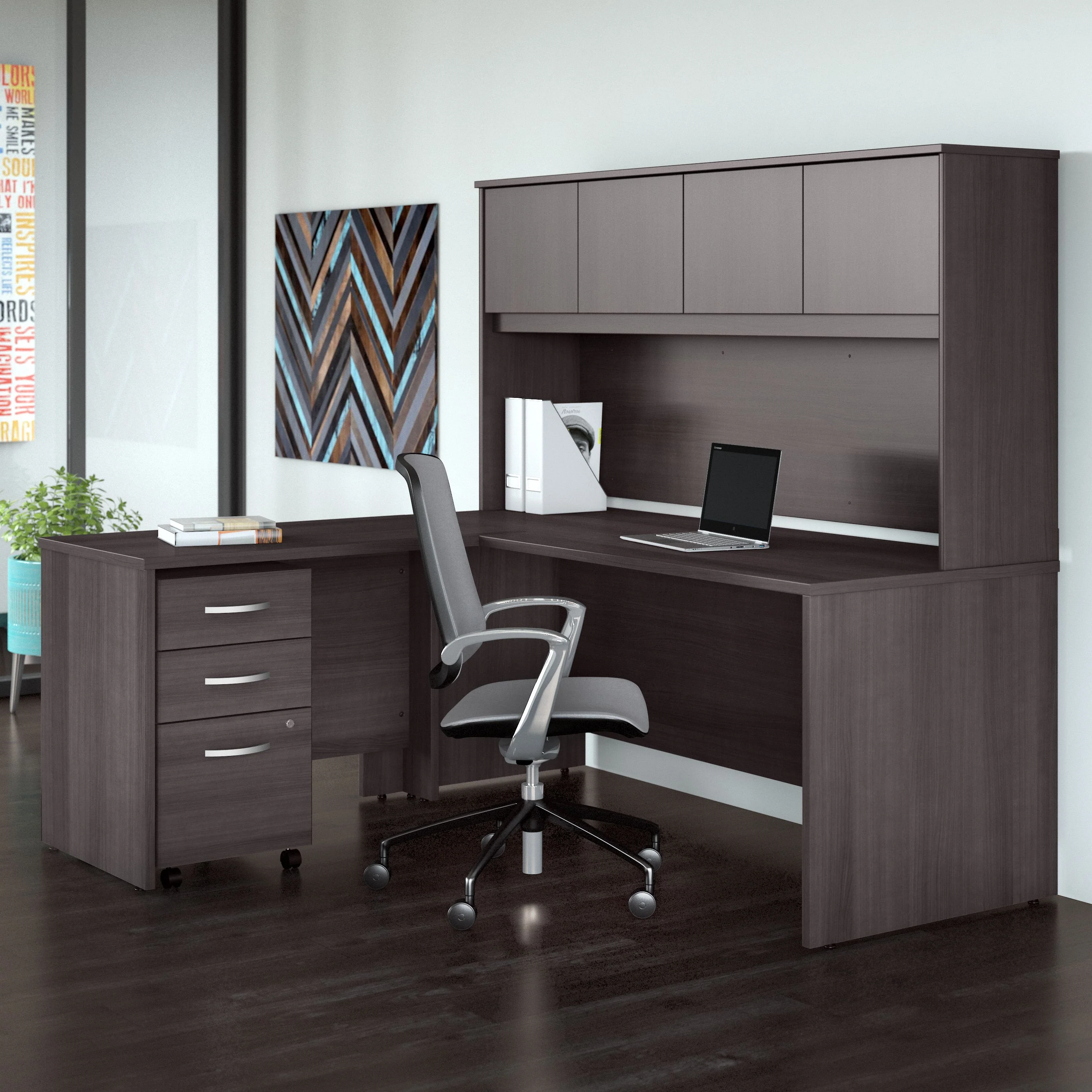 Studio C 72W x 30D L Shaped Desk with Hutch, Mobile File Cabinet and 42W Return
