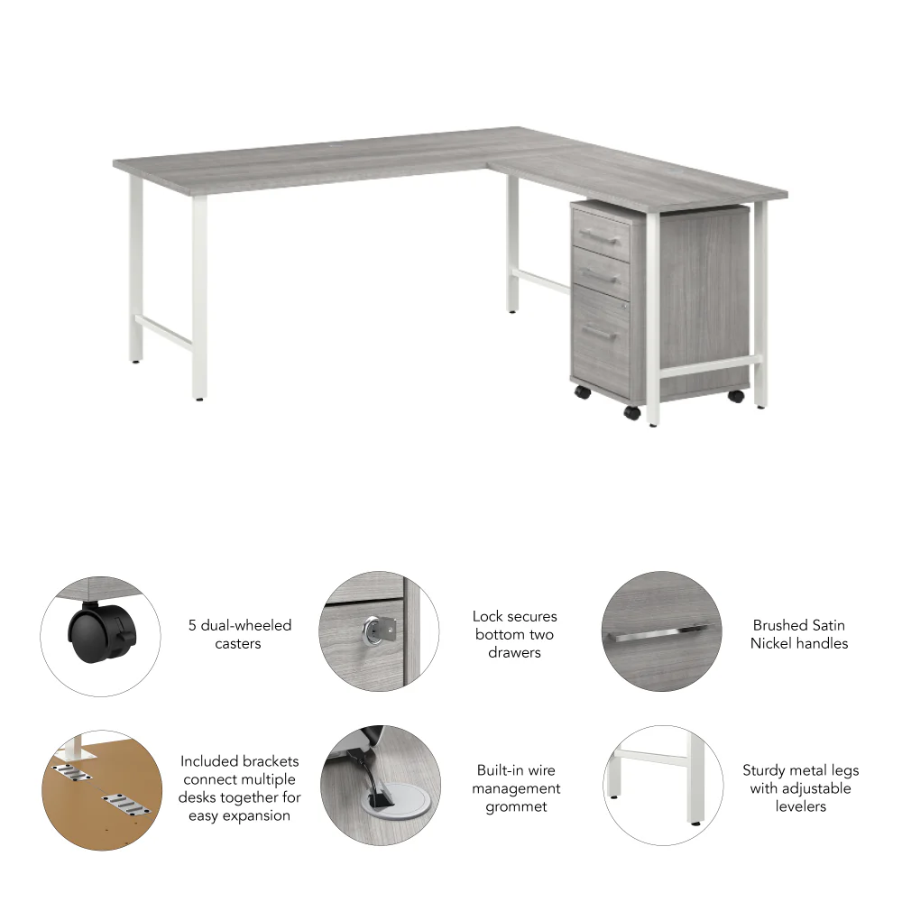 Hustle 72W x 30D L Shaped Computer Desk with 3 Drawer Mobile File Cabinet - Image 12