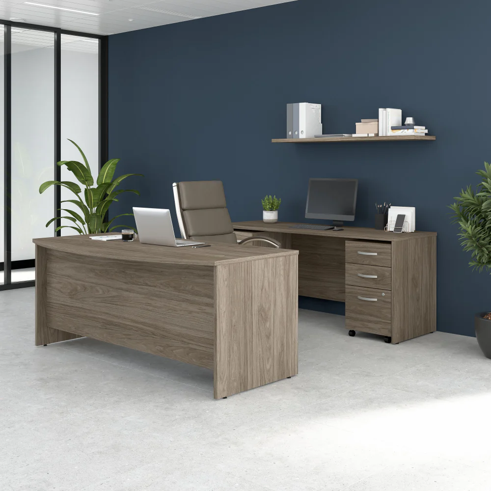 Studio C 72W x 36D Bow Front Desk and Credenza with Mobile File Cabinets - Image 7