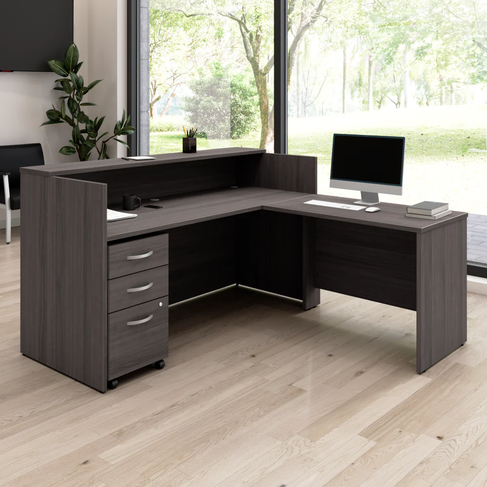 Arrive 72W x 72D L Shaped Reception Desk with Shelf and Mobile File Cabinet - Image 10