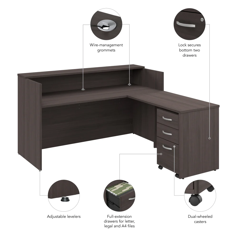Arrive 72W x 72D L Shaped Reception Desk with Shelf and Mobile File Cabinet - Image 16