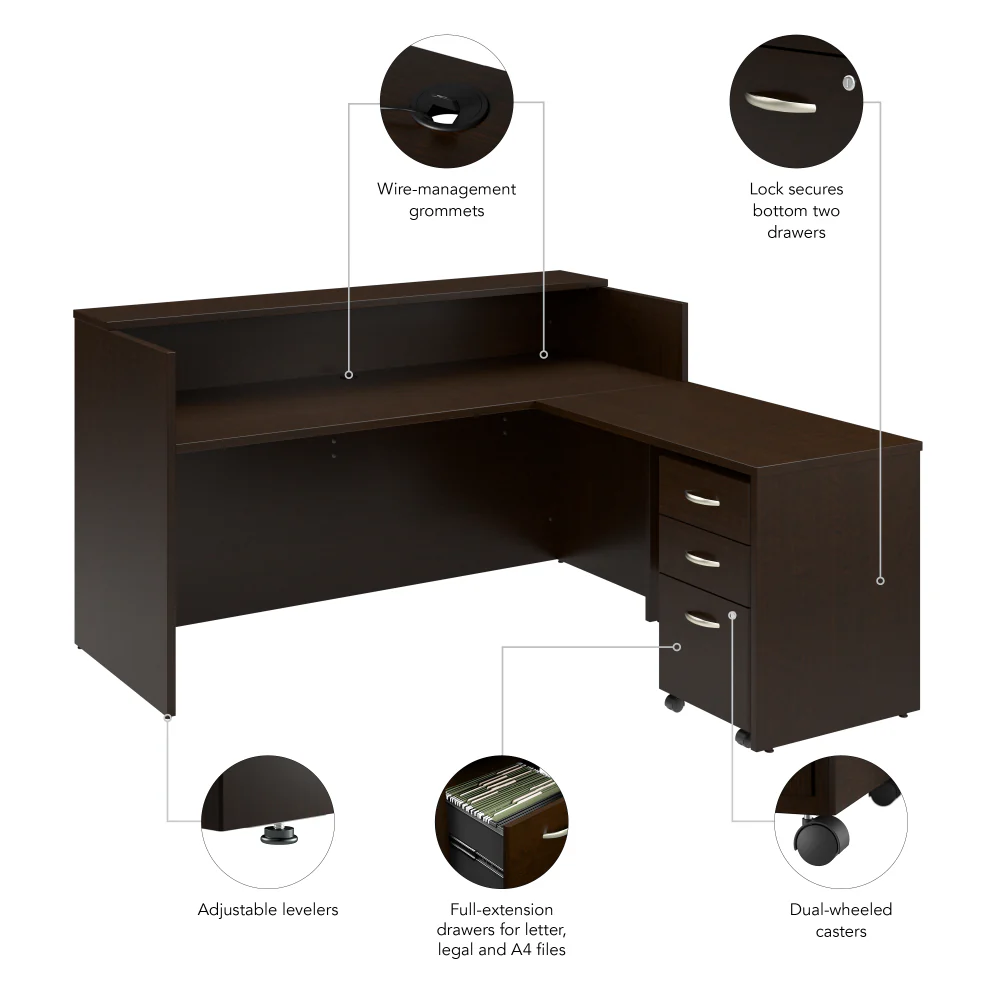 Arrive 72W x 72D L Shaped Reception Desk with Shelf and Mobile File Cabinet - Image 24