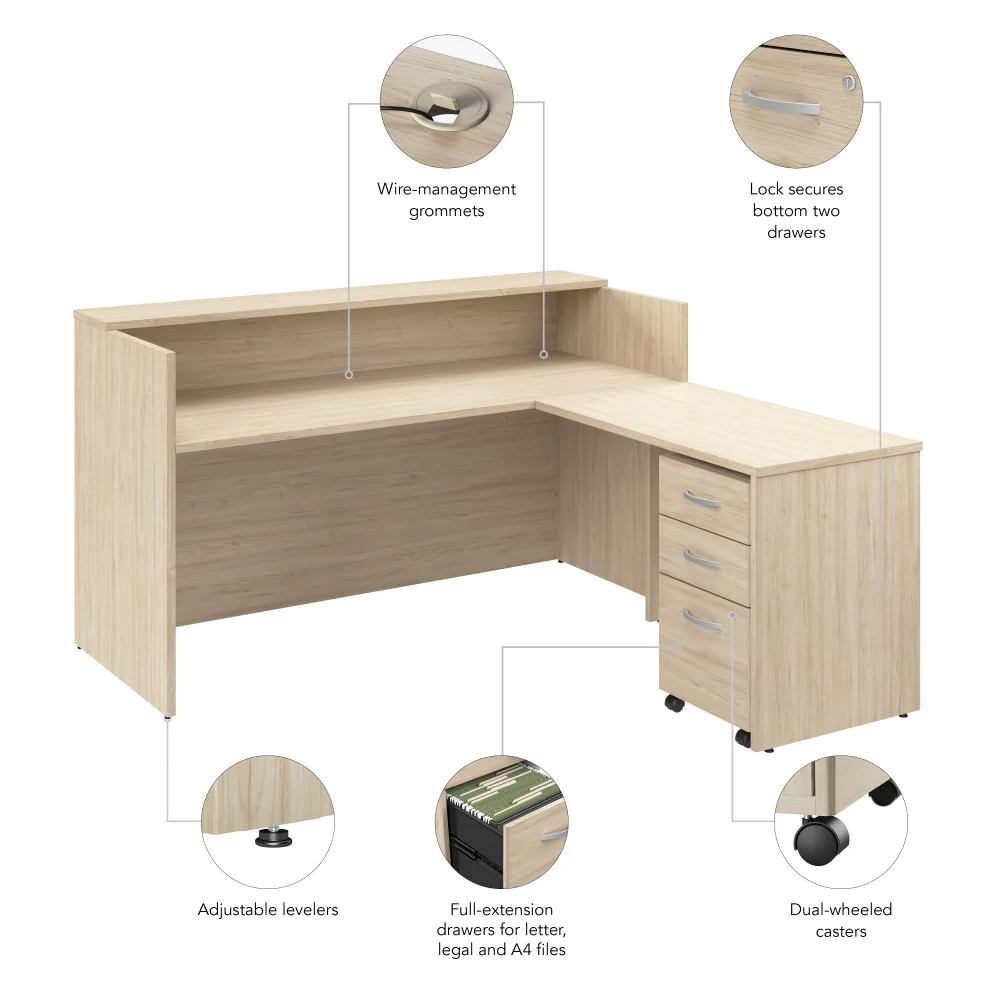 Arrive 72W x 72D L Shaped Reception Desk with Shelf and Mobile File Cabinet - Image 8