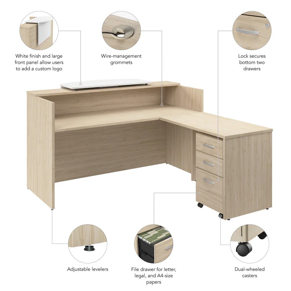 Arrive 72W x 72D L Shaped Reception Desk with Counter and Mobile File Cabinet - Image 18