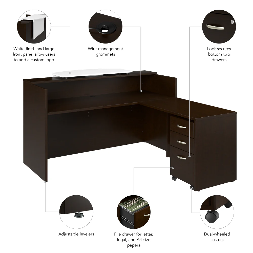 Arrive 72W x 72D L Shaped Reception Desk with Counter and Mobile File Cabinet - Image 27